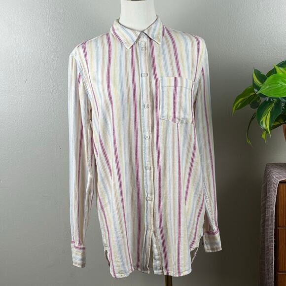 GAP White Multicolored Stripes Linen Blend Collared Buttoned Shirt Size Small - Picture 1 of 5